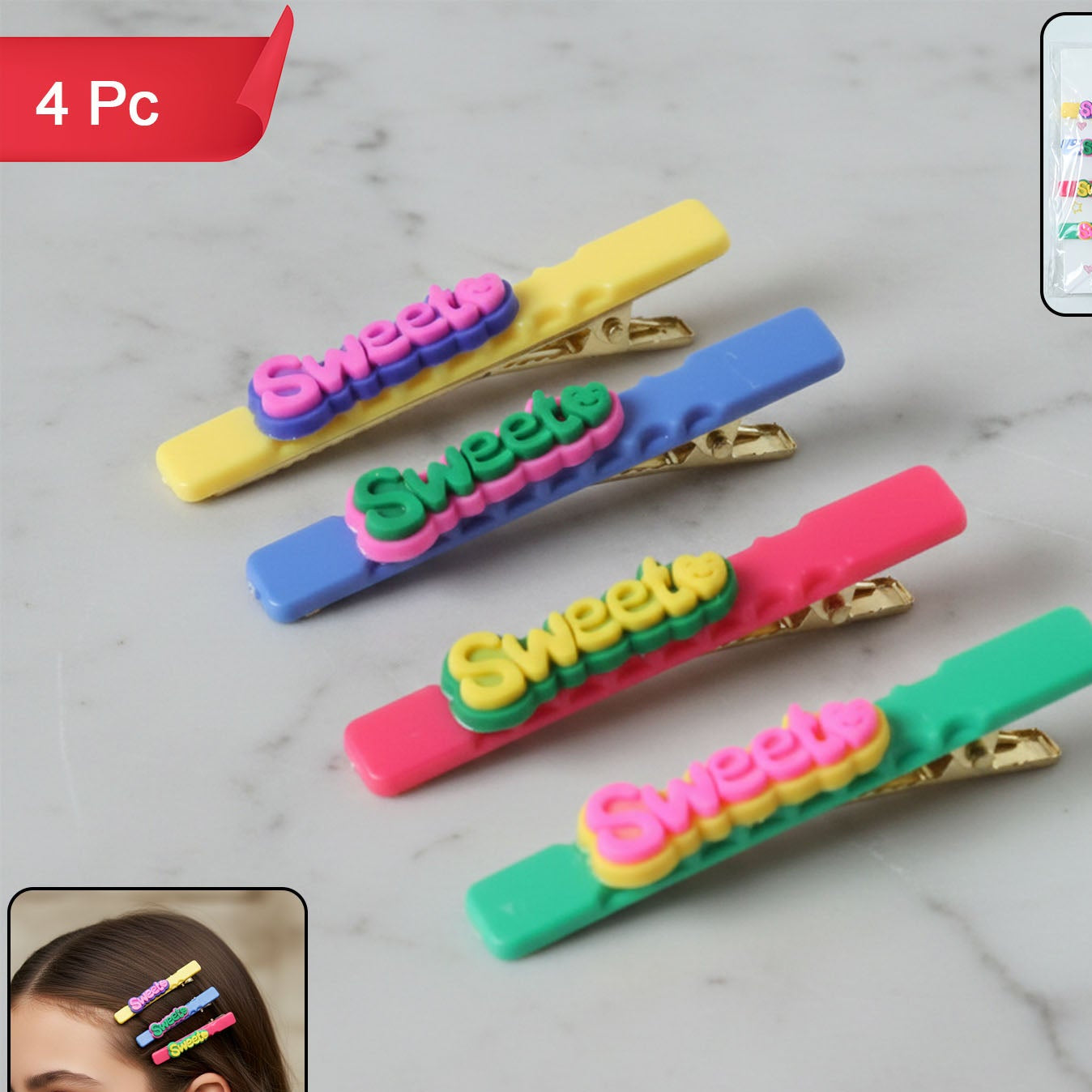 Sweet Text Hair Clips for Girls - 4 Pc Fashion Hair Pins - Happy Price - Image 1