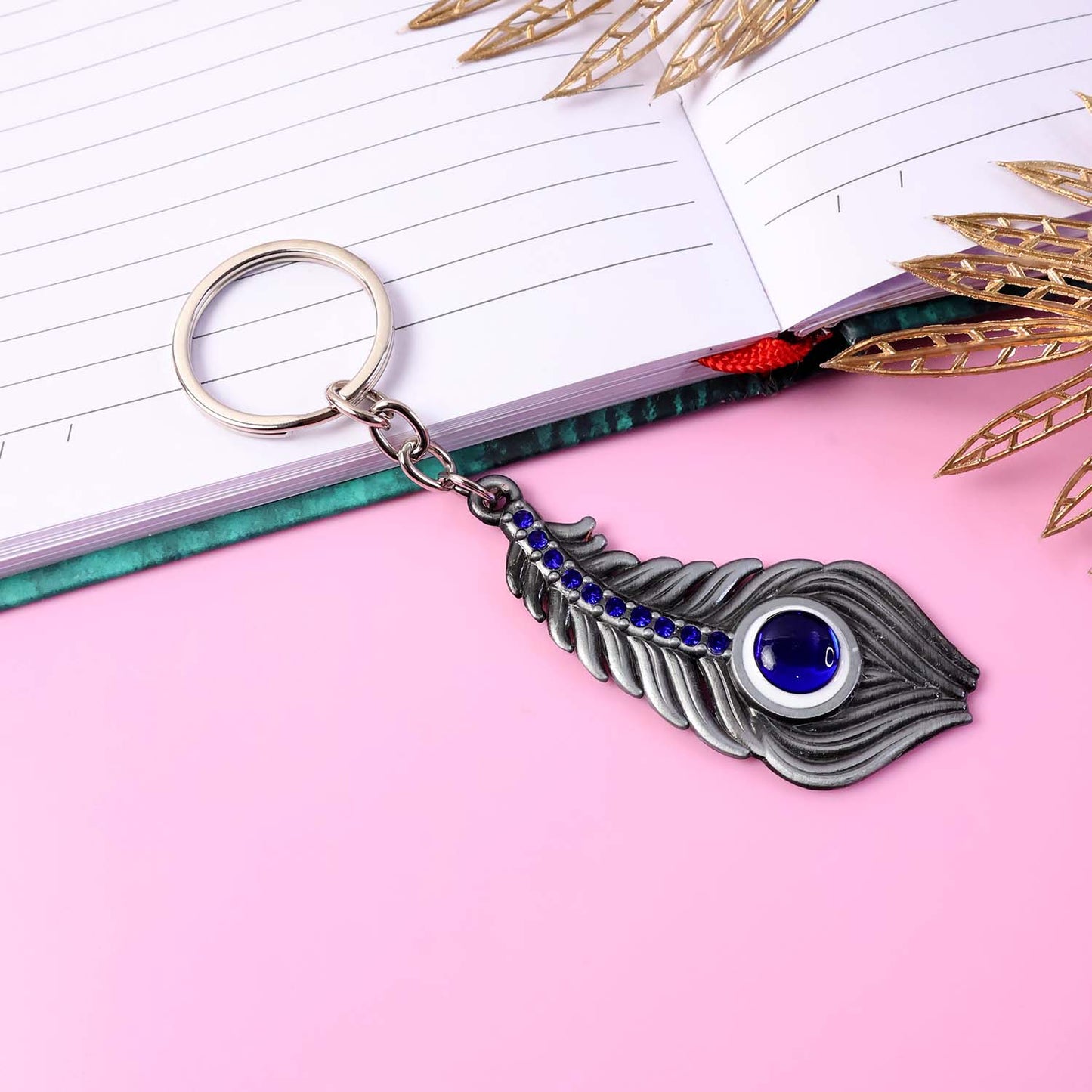 Metal Peacock Feather Keychain with Blue Gem Accent - 1 Pc - Happy Price - Image 4