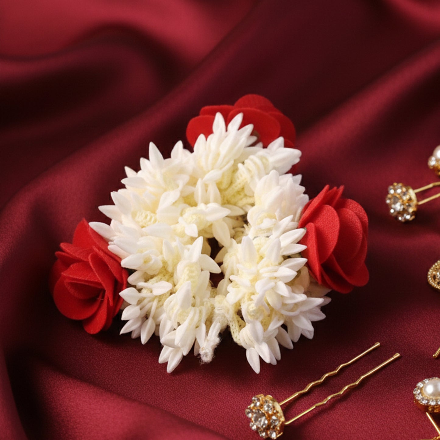 Artificial Flower Gajra with Red Roses & White Jasmine - 1 Pc Hair Accessory - Happy Price - Image 7