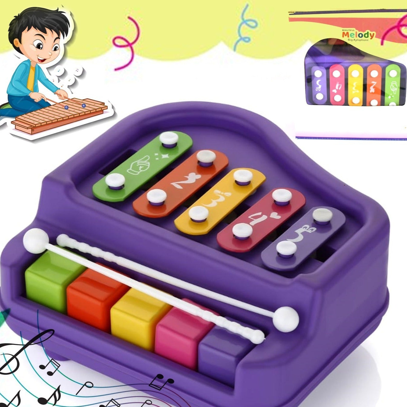 2 In 1 Baby Piano Xylophone Toy For Toddlers 5 Multicolored Key Keyboard Xylophone Piano Preschool Educational Musical Learning Instruments Toy For Baby Kids Girls Boys 3+ Years(1 Pc) - Happy Price - Image 1