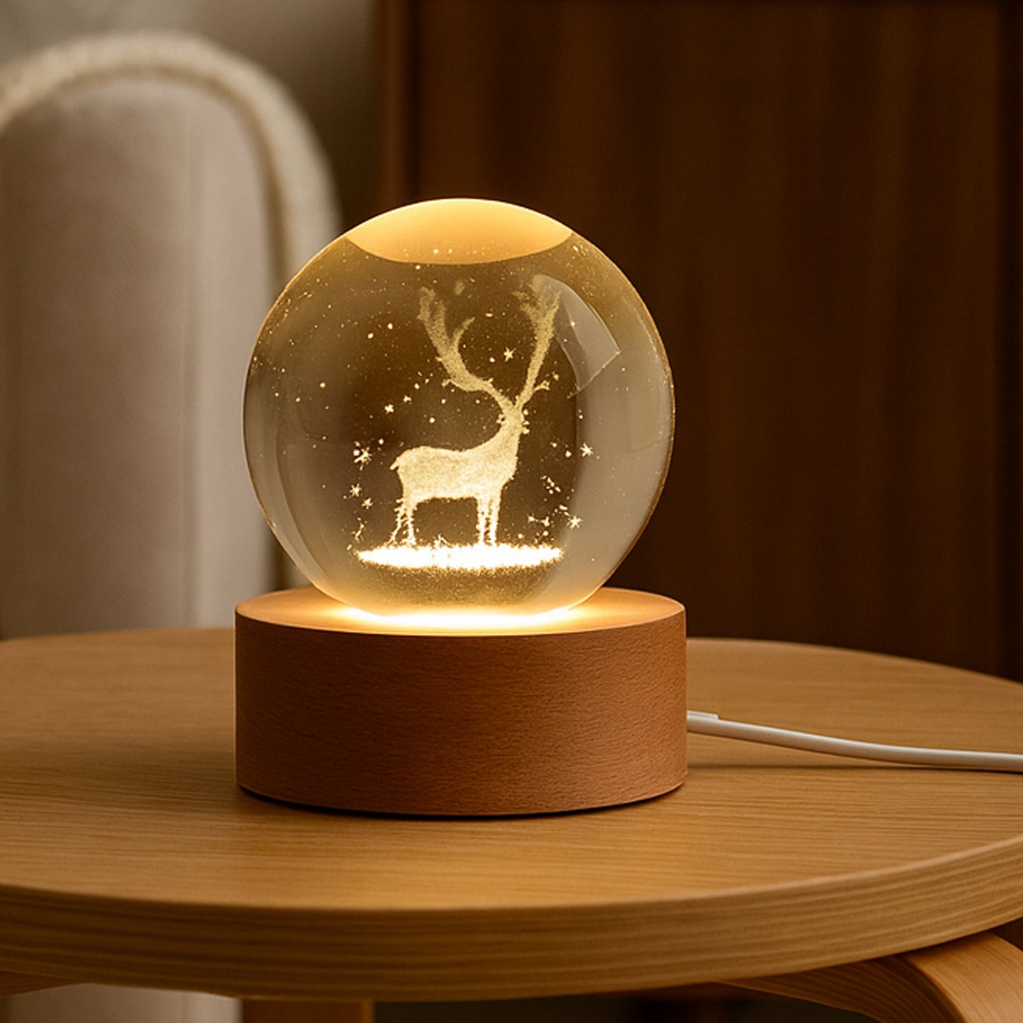 Mela Crystal Ball Night Light Glass Ball Night Lamp With Wood Base - Happy Price - Image 2