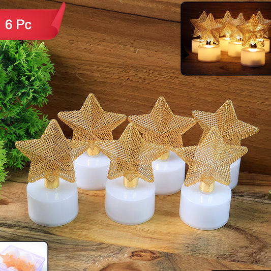 Set of 6 Golden Star LED Flameless Tealight Candles - Happy Price - Image 1