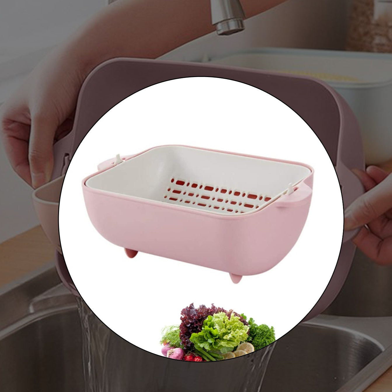 Multifunctional Bpa Free Double Layered Plastic Rotatable Strainer Bowl With Handles For Washing Rinsing Serving Vegetables  Fruits (Multicolor) - Happy Price - Image 1