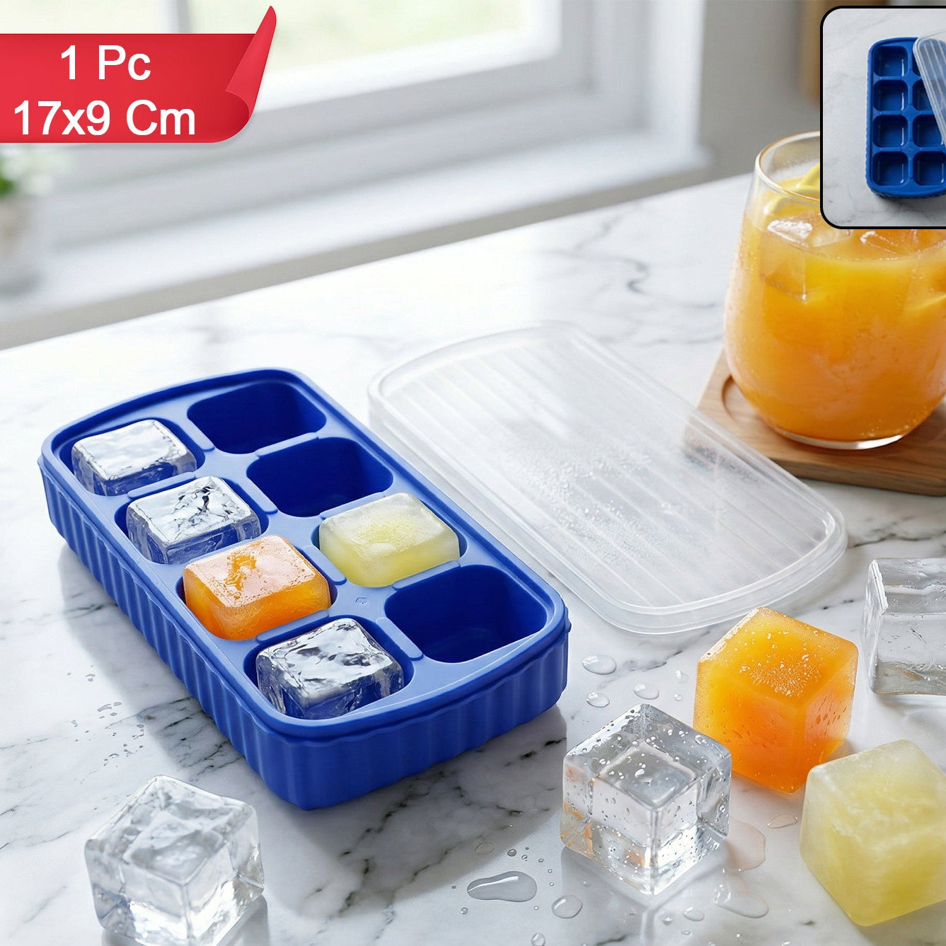 Multipurpose Square Ice Cube Tray With Lid (1 Pc 17x9 Cm 8 Grid)