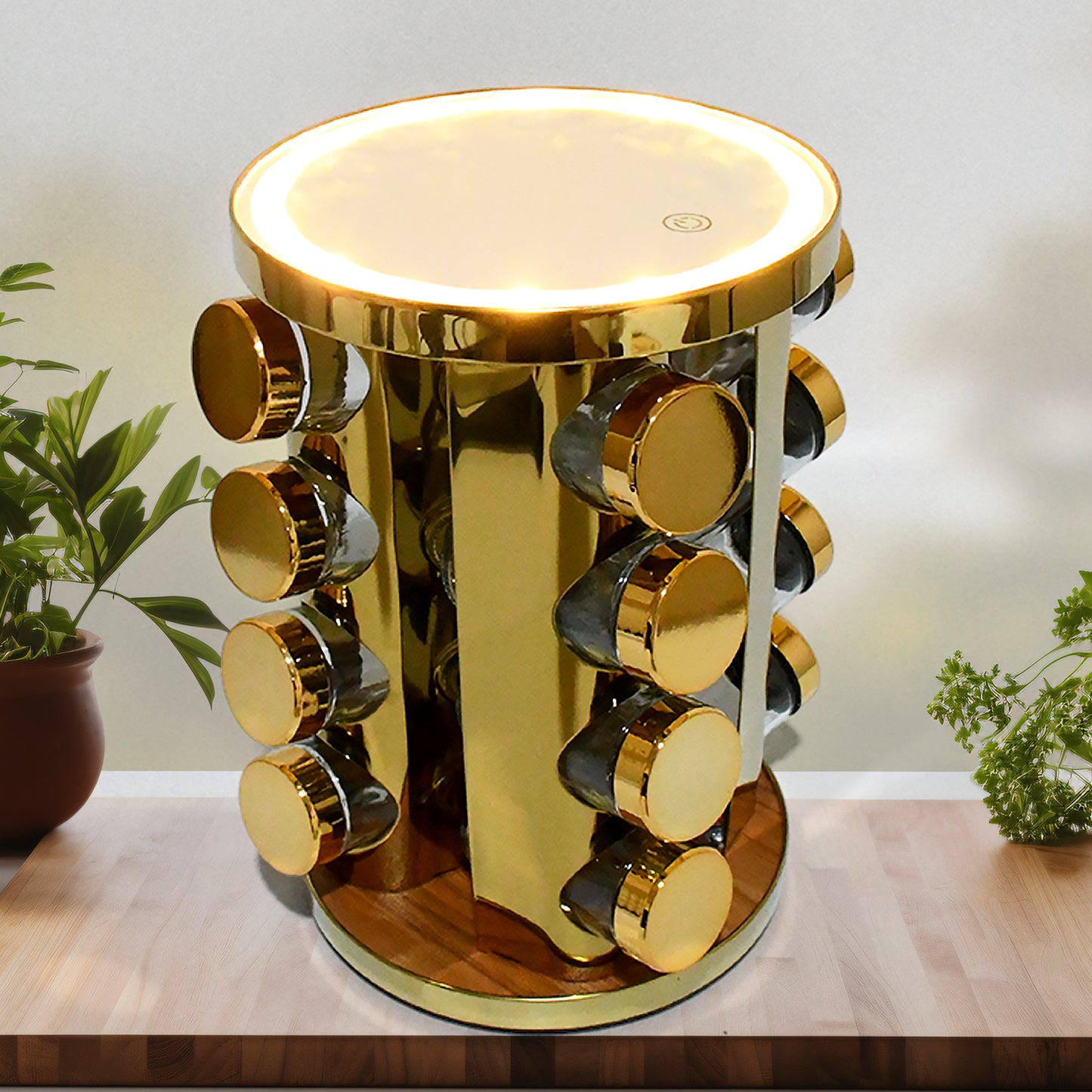 Led Spice Rack Organizer Rotating Spice Rack With Free 16 Seasoning Jars Revolving Tower Organizer Stainless Steel For Kitchen Storage (Golden  16 Pc  Moq - 6 Pc) - Happy Price - Image 2