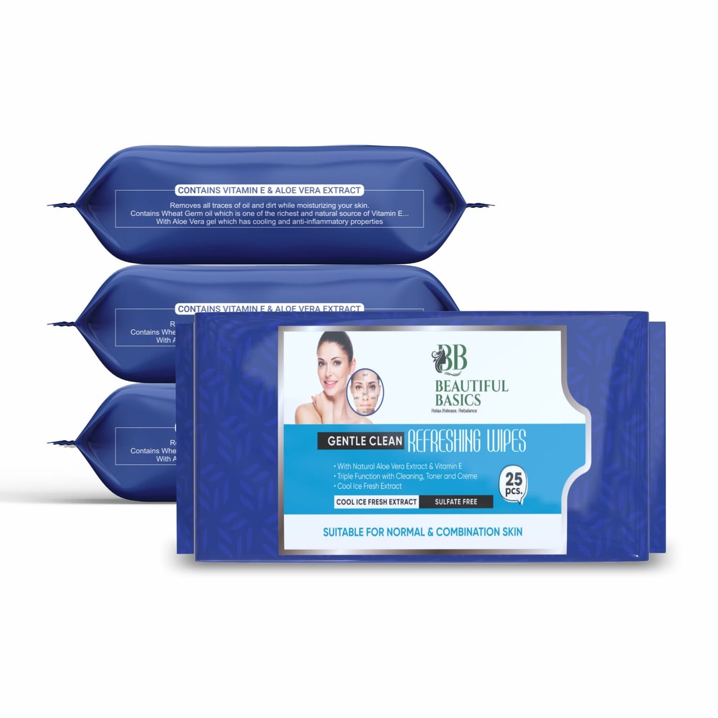 Beautiful Basics Dry Oily Sensitive  Normal Skin Face Wipes (4 Pkts X 100 Pcs Wipes) - Happy Price - Image 6