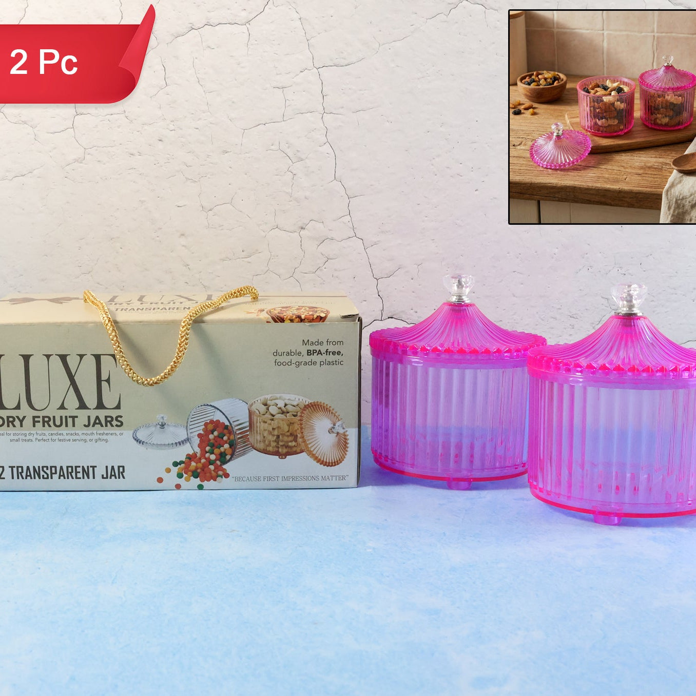 Transparent Dry Fruit Storage Jars with Decorative Lids - Set of 2 - Happy Price - Image 1