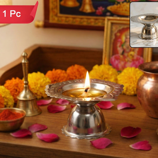 Stainless Steel Puja Diya Stand for Home Mandir - Traditional Oil Lamp (1 Pc) - Happy Price - Image 1