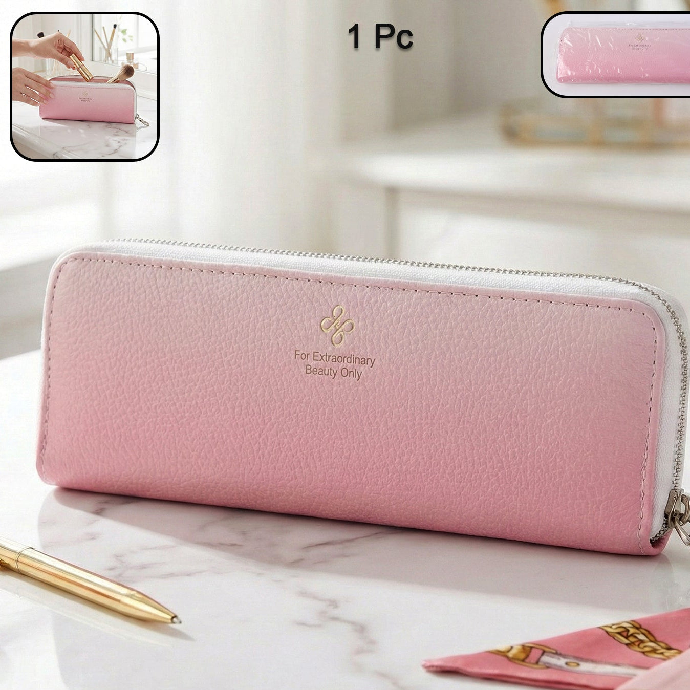 Makeup Brush Pouch Organizer with Zip Closure (1 Pc) - Compact Travel Cosmetic Bag - Happy Price - Image 1