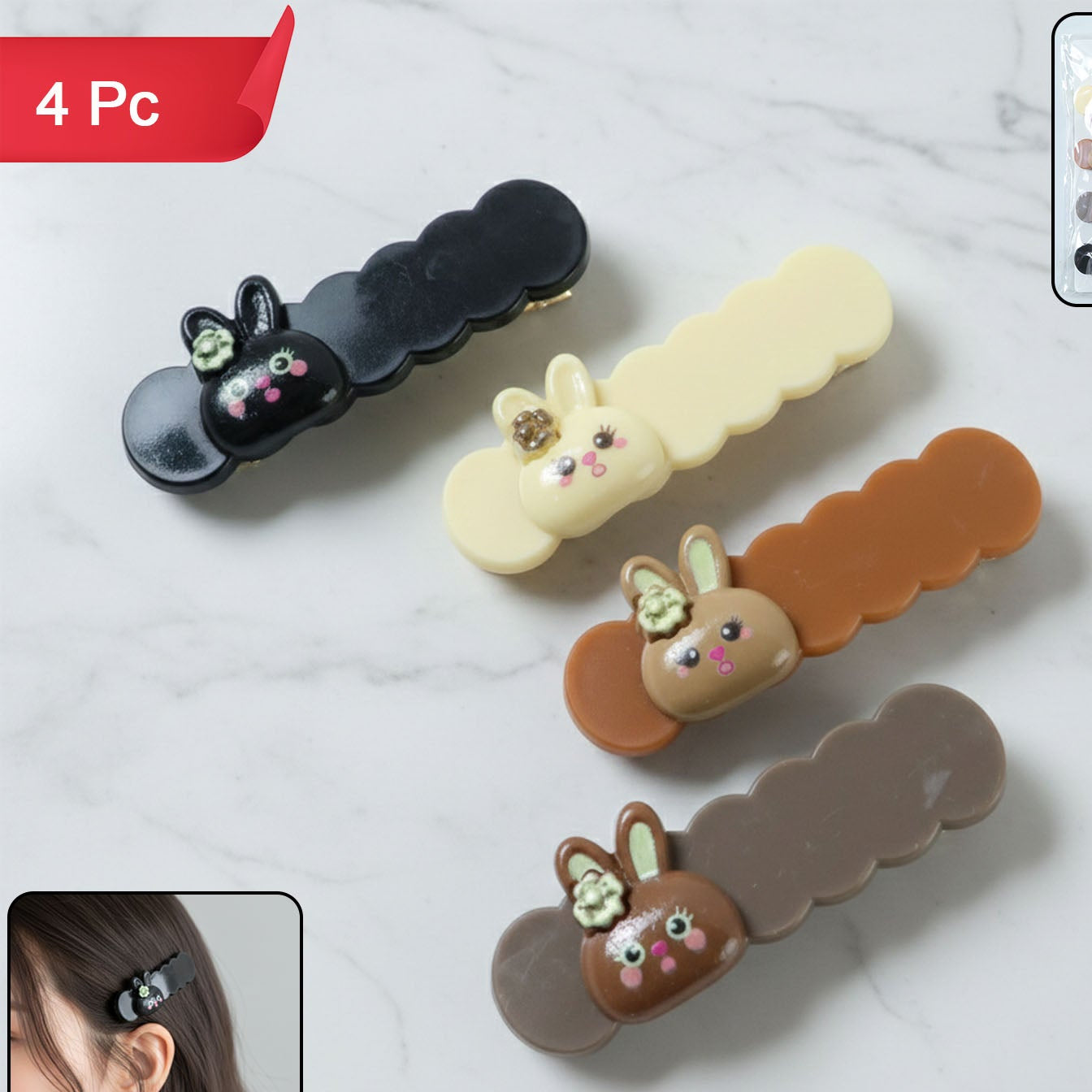 Cute Bunny Cartoon Hair Clips Set - 4 Pc Decorative Snap Clips for Girls & Women - Happy Price - Image 1
