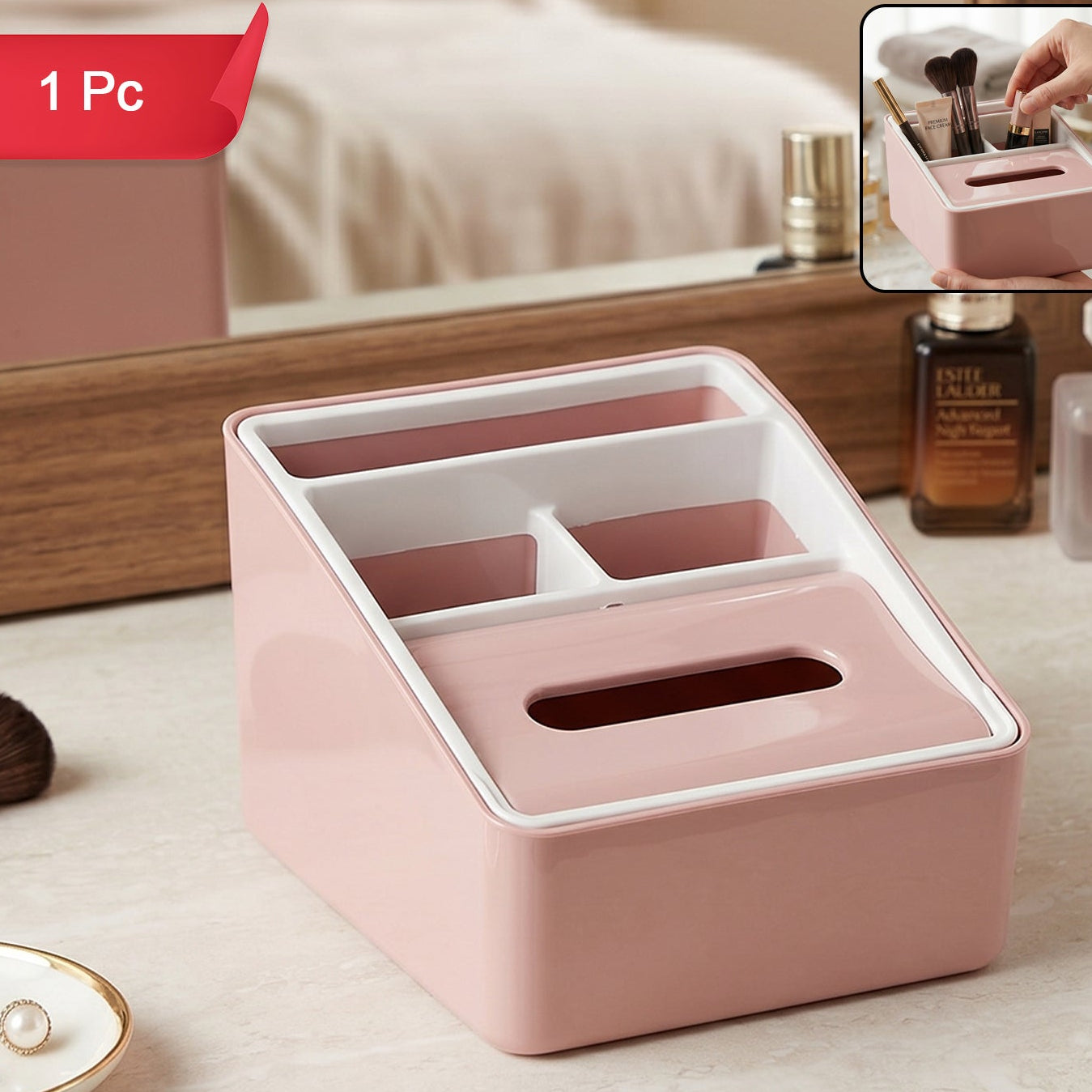 Plastic Compartment Organizer Box with Tissue Holder - 1 Pc - Happy Price - Image 1