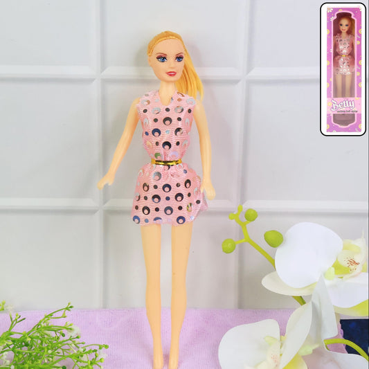 Fashion Doll with Polka Dot Dress & Belt (1 Pc) - Movable Limbs, Safe Plastic Toy - Happy Price - Image 1