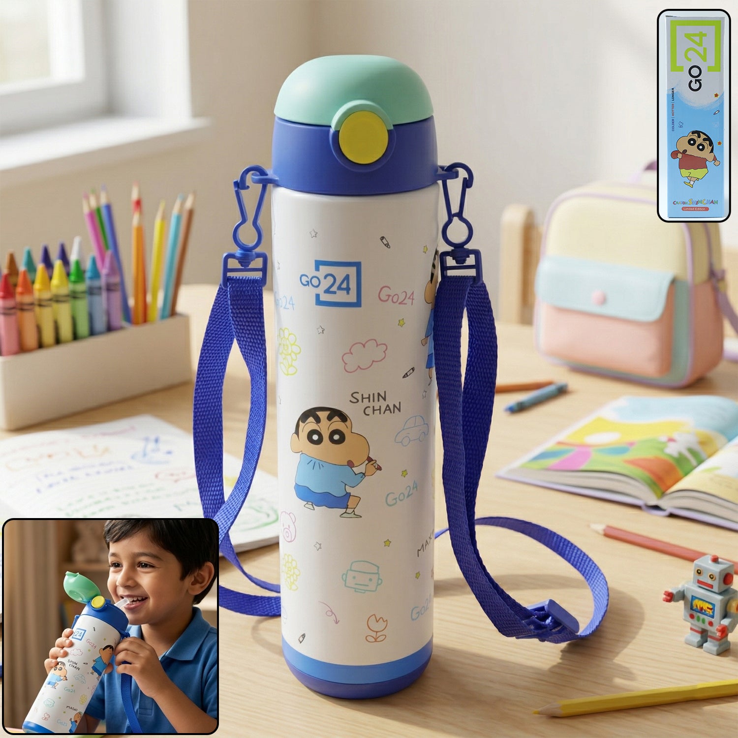 Kids Stainless Steel Water Bottle 500 ML - Leakproof Sipper with Strap - Great Price - Image 1
