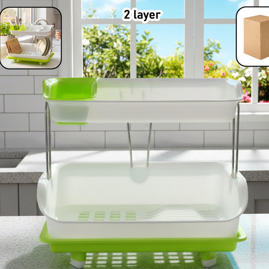 Prexo 2 Layer Kitchen Dish Drying Rack With Drain Tray (1 Set)