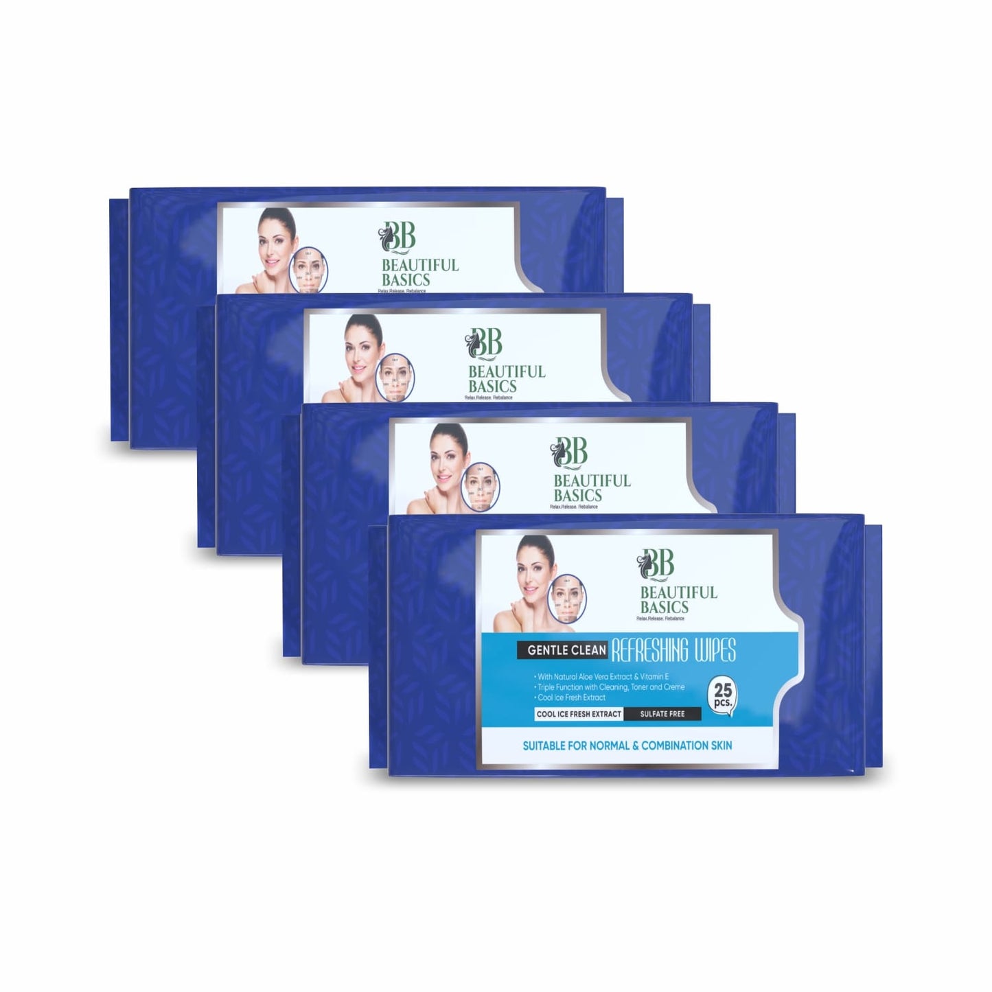 Beautiful Basics Dry Oily Sensitive  Normal Skin Face Wipes (4 Pkts X 100 Pcs Wipes) - Happy Price - Image 4