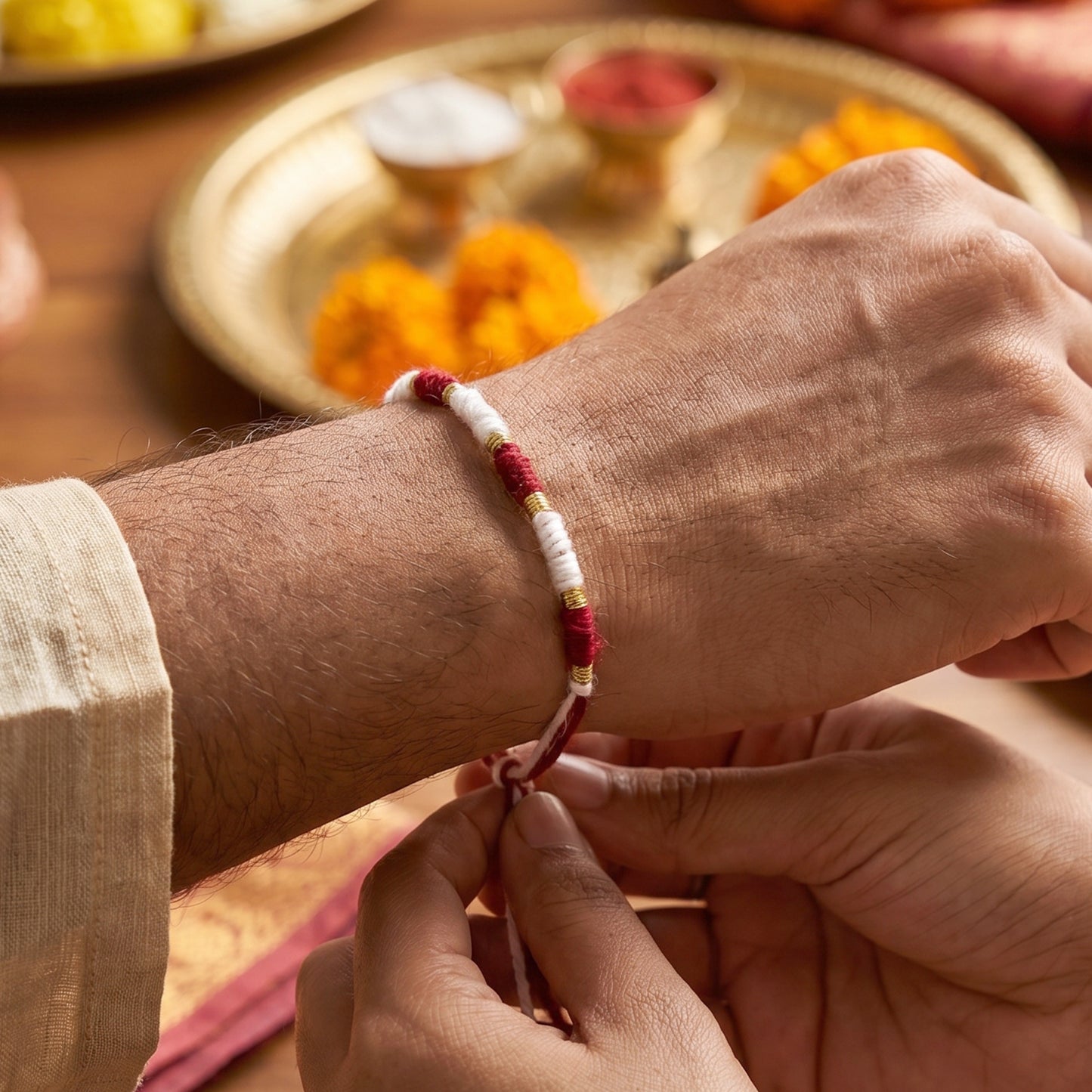 Handmade Red & White Thread Rakhi Bracelet (1 Pc) with Golden Bead Accent - Happy Price - Image 3