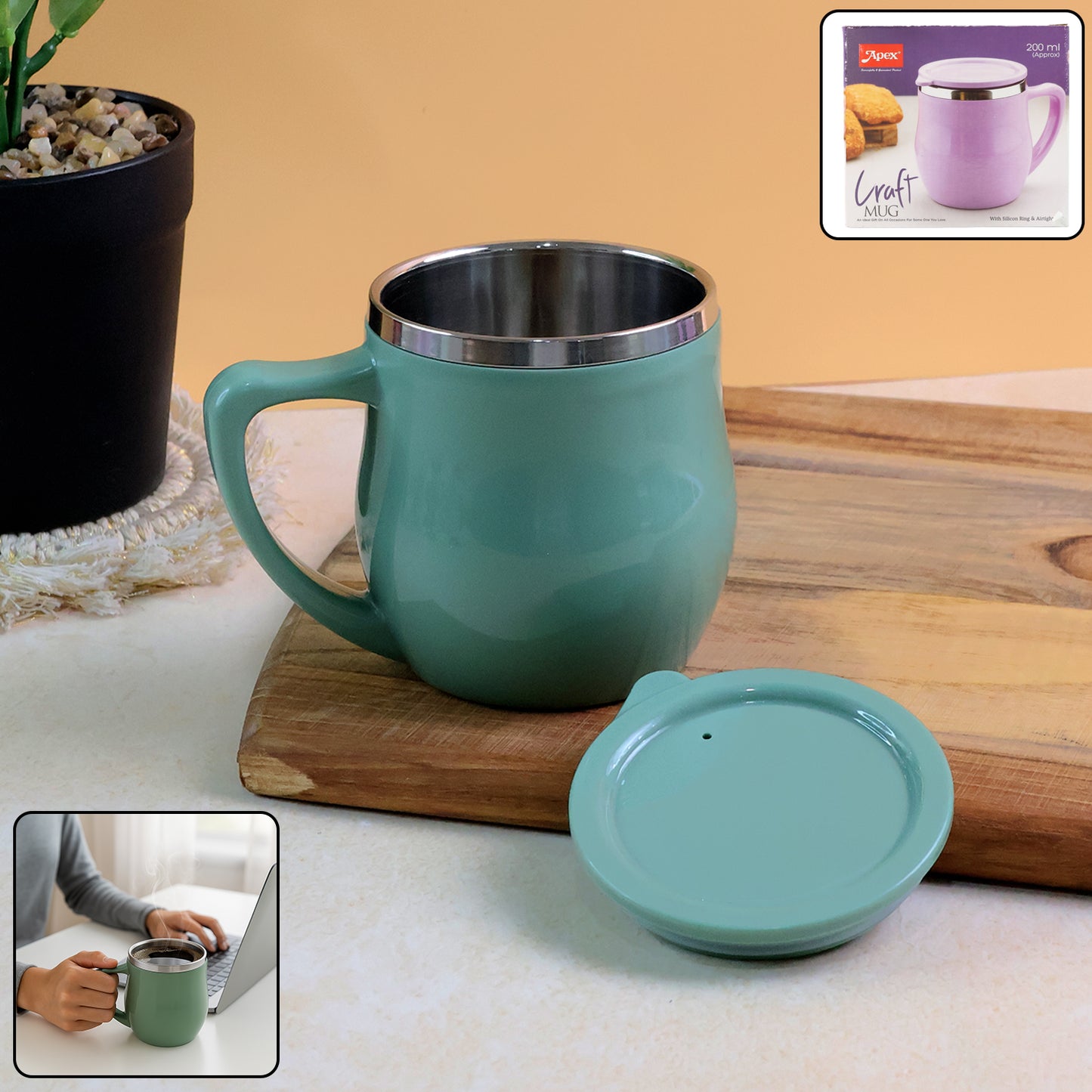 Apex 200ml Double Wall Desk Mug with Lid - Stainless Steel Inner - Happy Price - Image 6