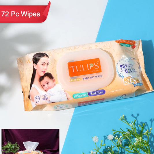 Tulips Sensitive Baby Wet Wipes - Gentle Cleansing with Peach & Apricot, 72 Pcs - Happy Price - Image 1