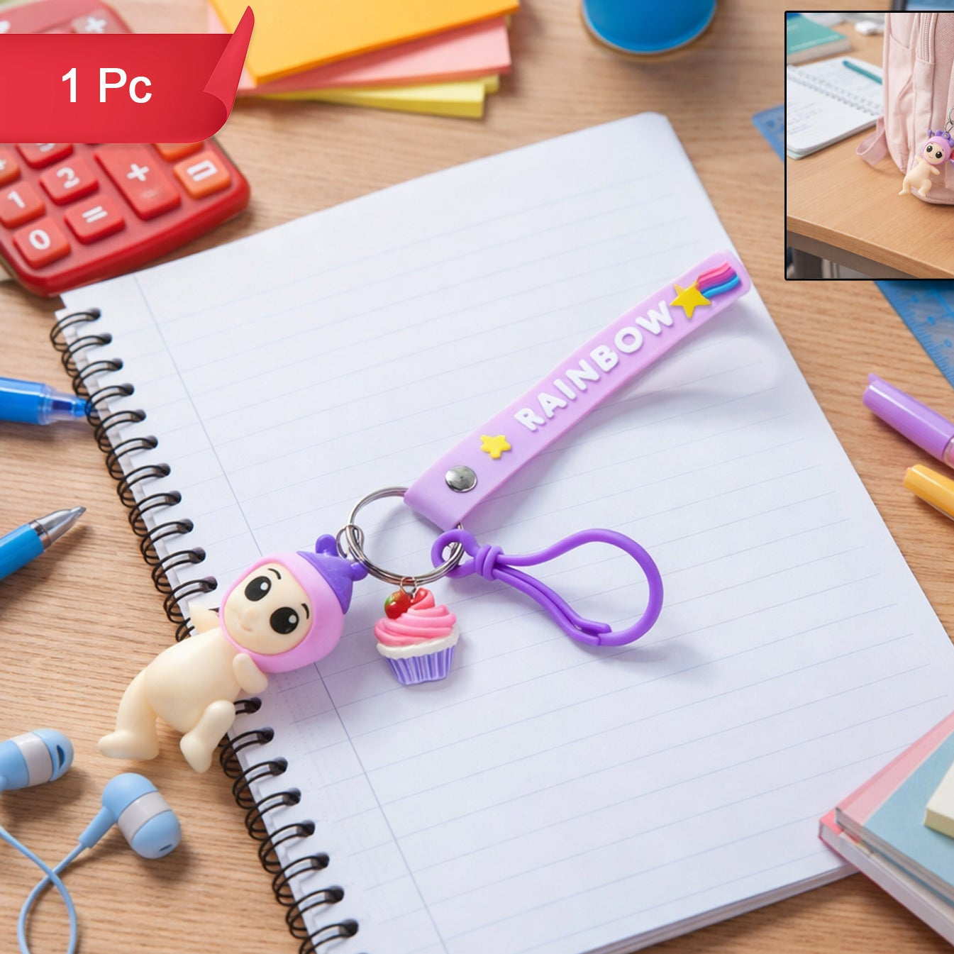 Cute Doll & Cupcake Keychain with Rainbow Strap (1 Pc) - Happy Price - Image 1