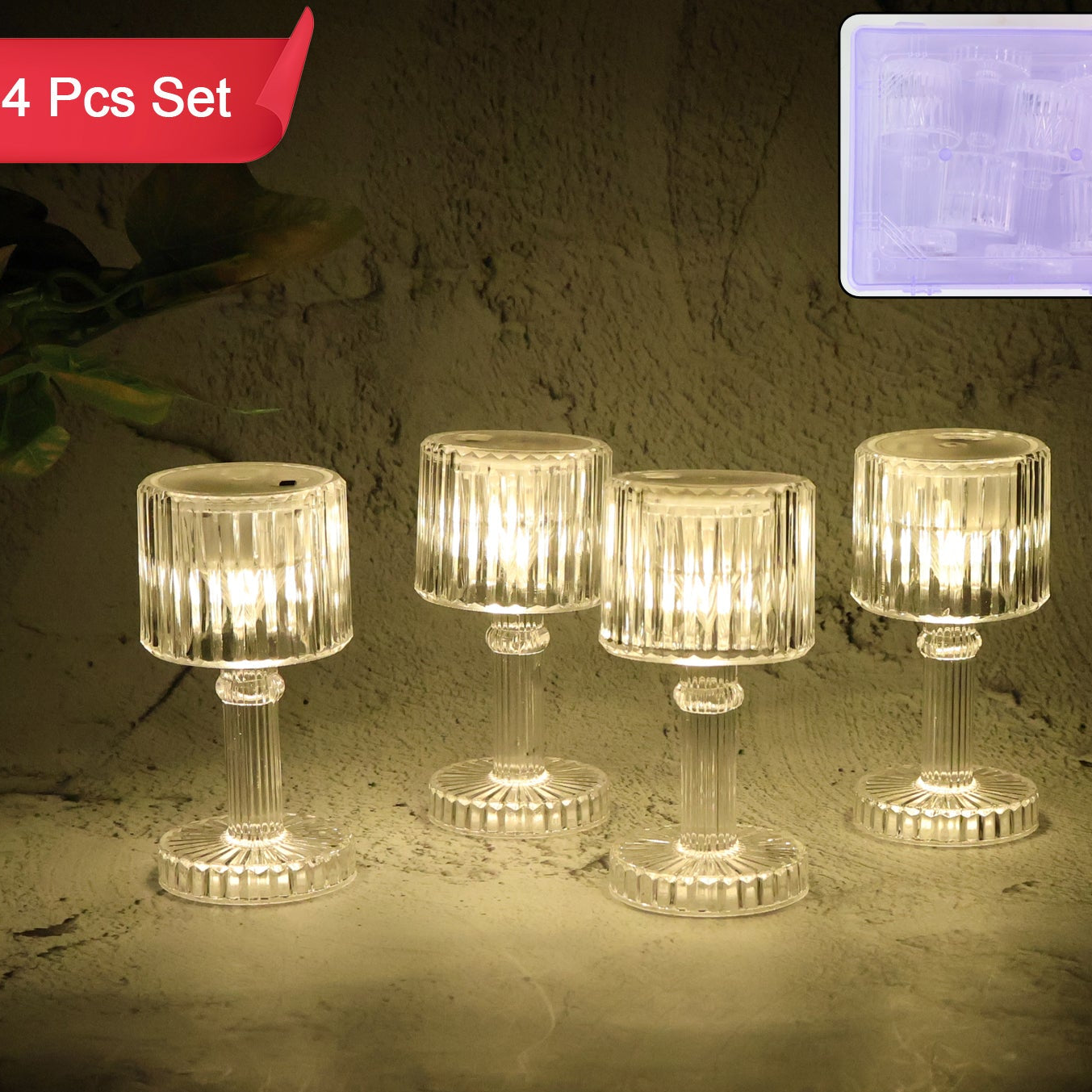 Set of 4 Crystal-Effect LED Table Lamps - Battery Operated Mini Lights - Happy Price - Image 1