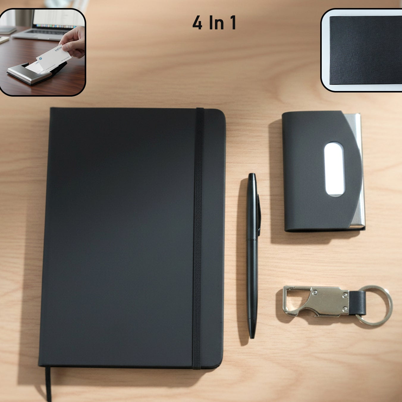 4-in-1 Executive Travel Essentials Combo Set: Notebook, Pen, Card Holder, Keychain - Happy Price - Image 1