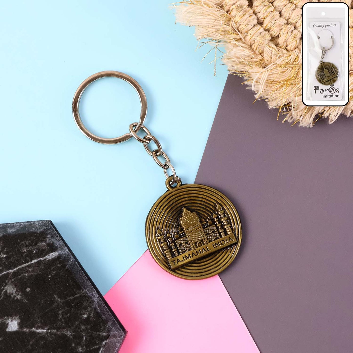 Taj Mahal Motif Metal Keychain - Antique Brass Finish Souvenir Keyring (1 Pc) - Happy Price - Image 6