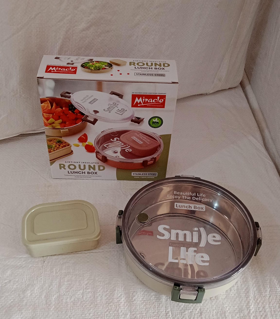 Miracle Stainless Steel Round Lunch Box With Small Plastic Box Insert Leak Proof Lunch Box With Transparent Lid Lunch Box For Kids  Adults For School Office (450 Ml + 250 Ml Approx) - Happy Price - Image 7