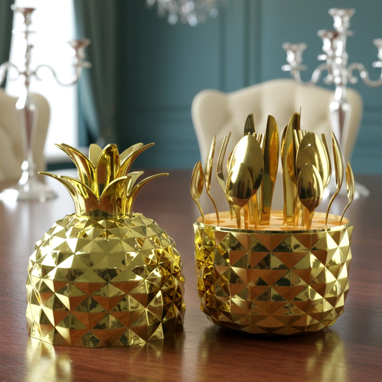 24 Piece Stainless Steel Gold Cutlery Set with Pineapple Stand - Happy Price - Image 3