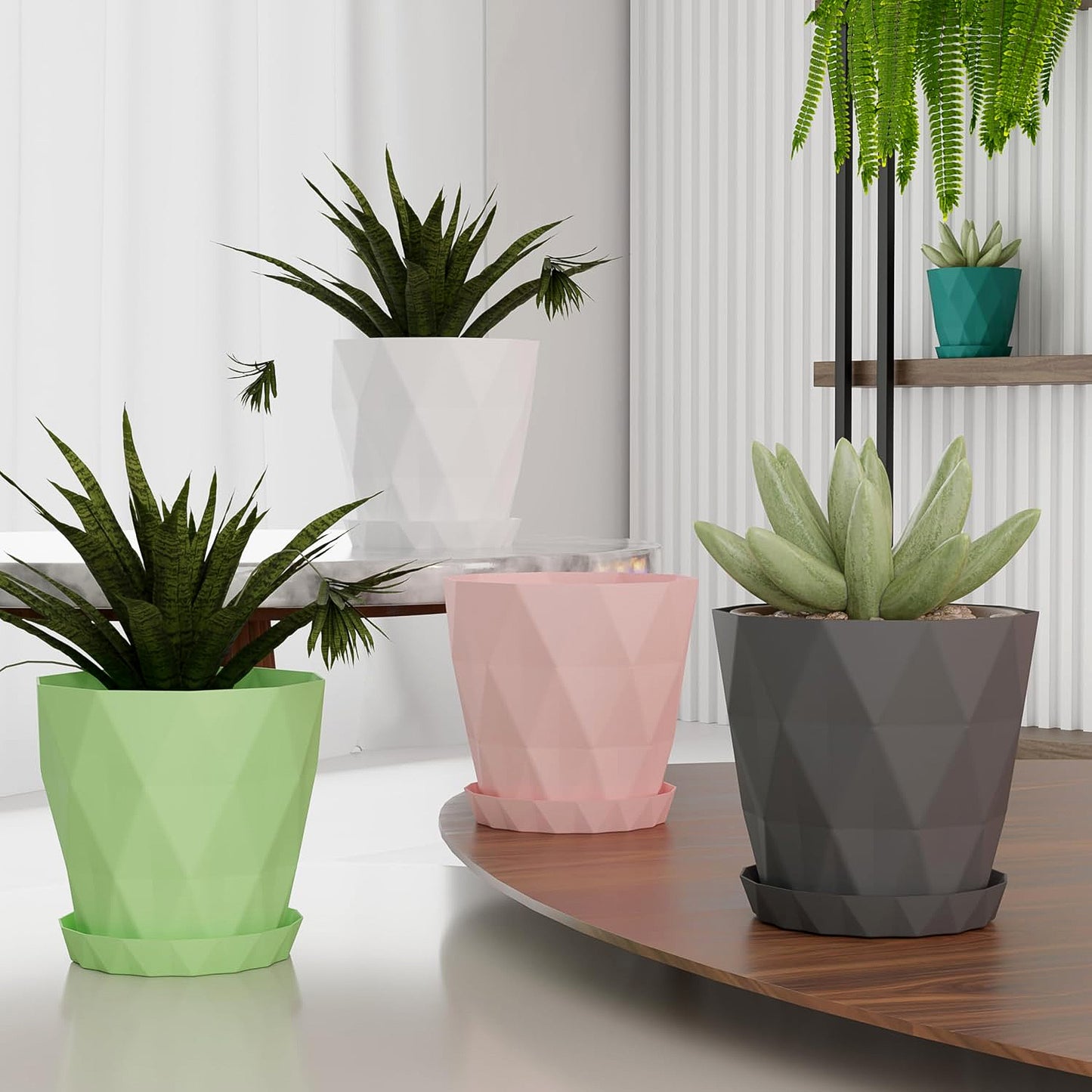 Diamond Design Plastic Flower Pot Set with Drain Tray (5 Pc) - Happy Price - Image 6