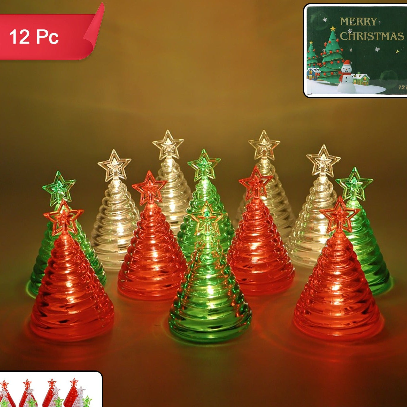 12 Pc Christmas Tree LED Decorative Lights Set with Star Topper - Battery Operated Flameless Festive Decor - Happy Price - Image 1