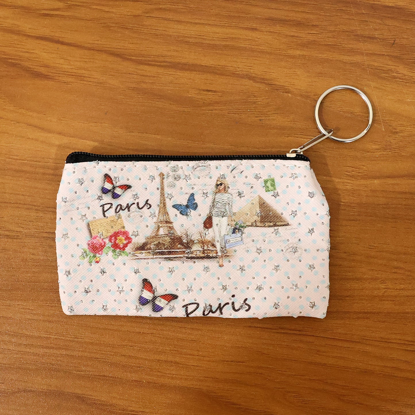 Small Paris Print Zipper Pouch with Key Ring - 1 Pc - Happy Price - Image 7