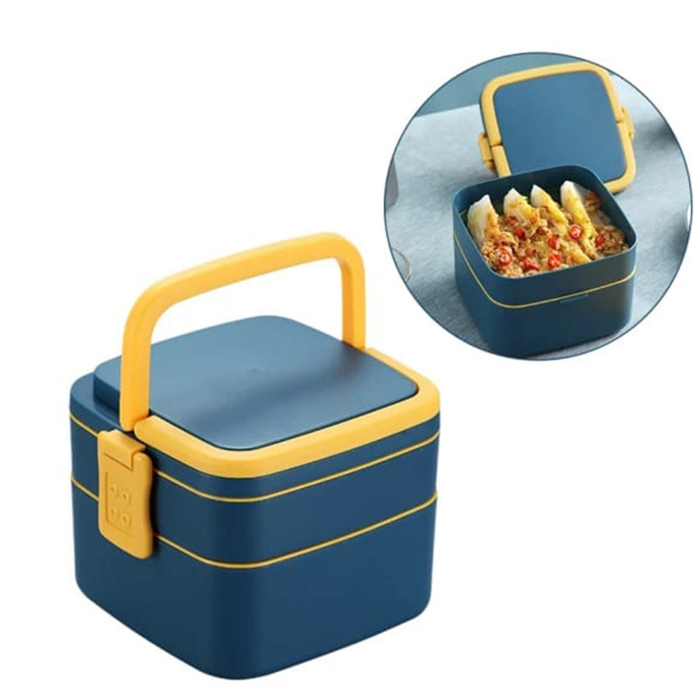 Blue Double-layer Portable Lunch Box Stackable With Carrying Handle And Spoon Lunch Box - Happy Price - Image 1