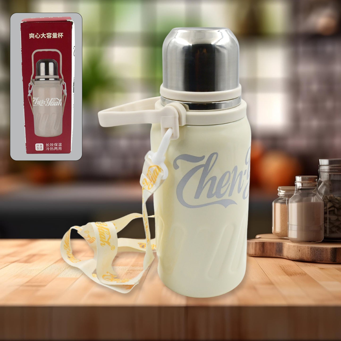 Stainless Steel Vacuum Insulated Water Bottle  Leak Proof Flask For Tea Coffee  Reusable Water Bottle With Hanging Strap  Bottle For Hot  Cold Drinks Wide Mouth Water Flask (900 Ml) - Happy Price - Image 2
