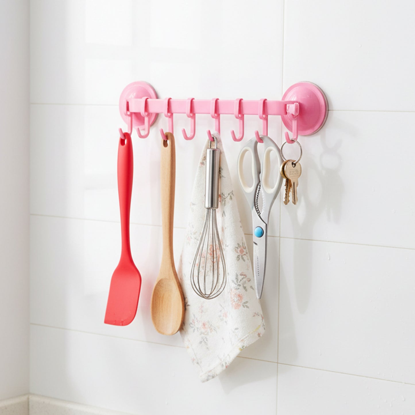 Plastic Wall Hook Rack with 6 Hooks - No-Drill Suction Mount Organizer (1 Pc) - Happy Price - Image 3