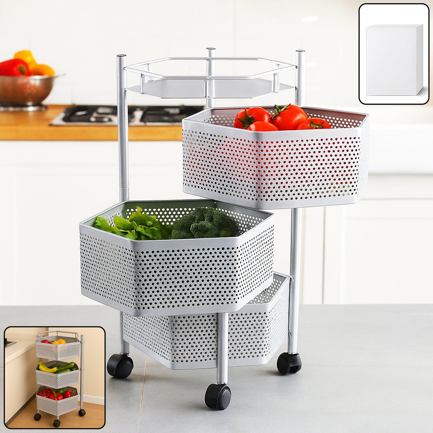 Premium 3-Layer Hexagon Kitchen Storage Trolley with Wheels (1 Pc) - Happy Price - Image 6