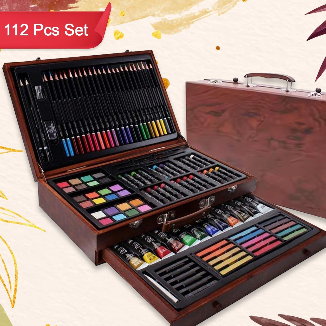 112 Pcs Art Supplies Drawing & Painting Kit with Wooden Case - Happy Price - Image 1