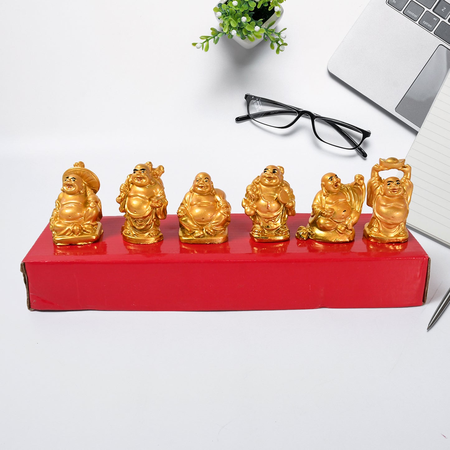 Golden Laughing Buddha Set Of Six Pieces Statue For Happiness Wealth  Good Luck Decor For Wealth And Success (6 Pcs Set) - Happy Price - Image 5