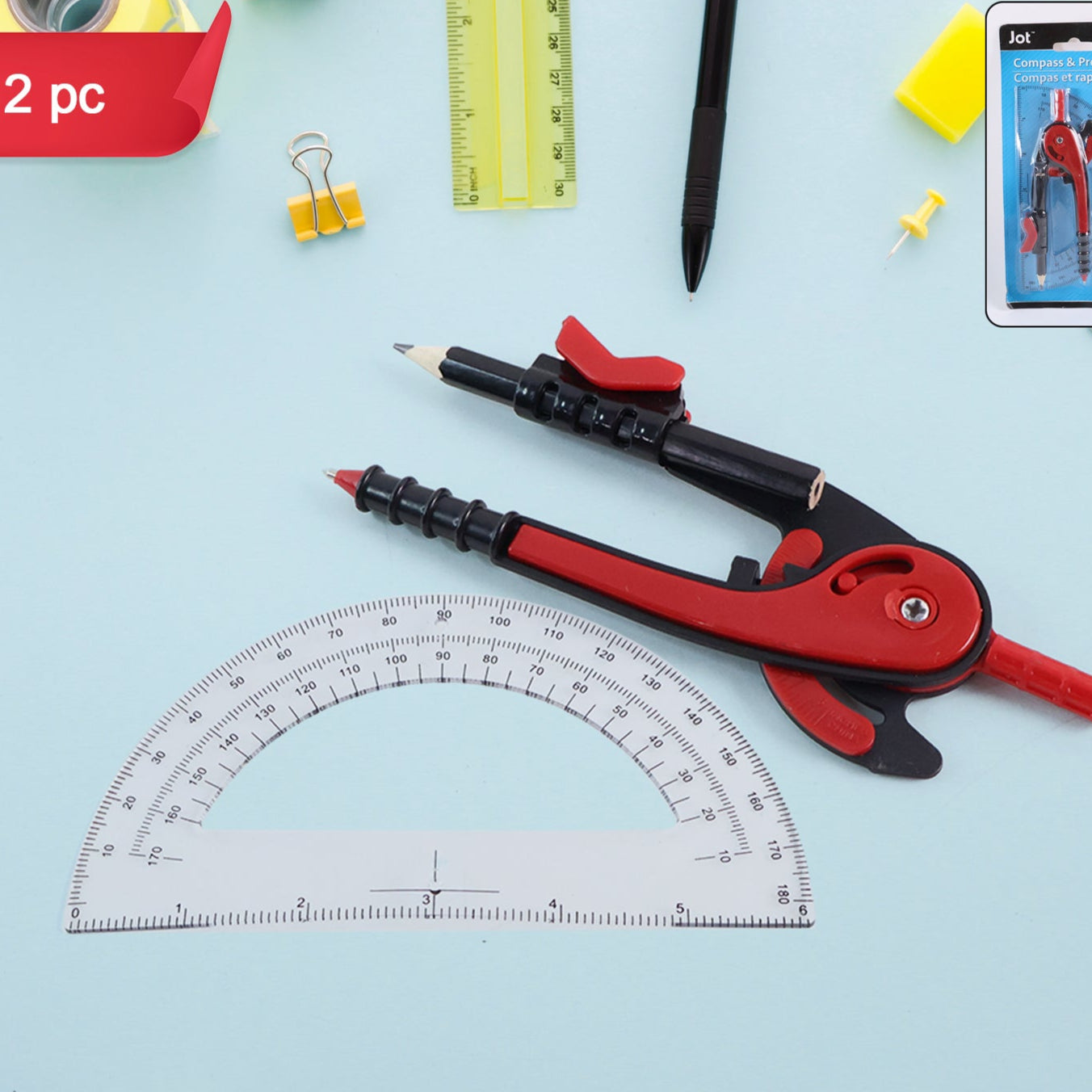 2 Pc Geometry Set  Built-in Pencil Grip + Transparent Plastic Protractor  School Geometry Tools Kit - Happy Price - Image 1