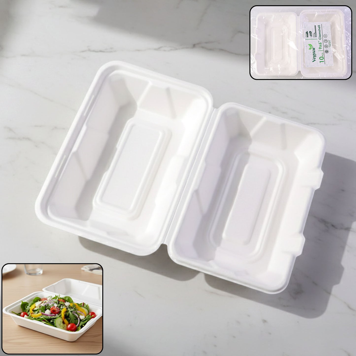 10 Pc Bagasse Clamshell Food Boxes - 9x6 Inch Eco-Friendly Takeaway Containers - Happy Price - Image 2