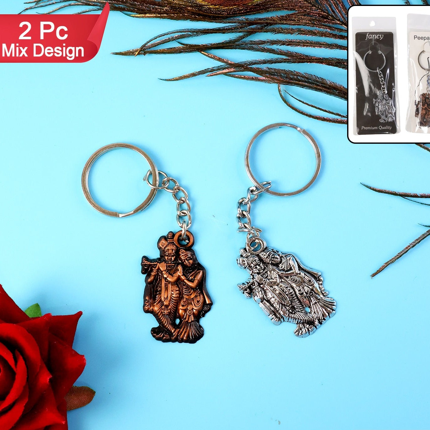Radha Krishna Metal Keychain Set - 2 Pcs Mix Design - Happy Price - Image 1
