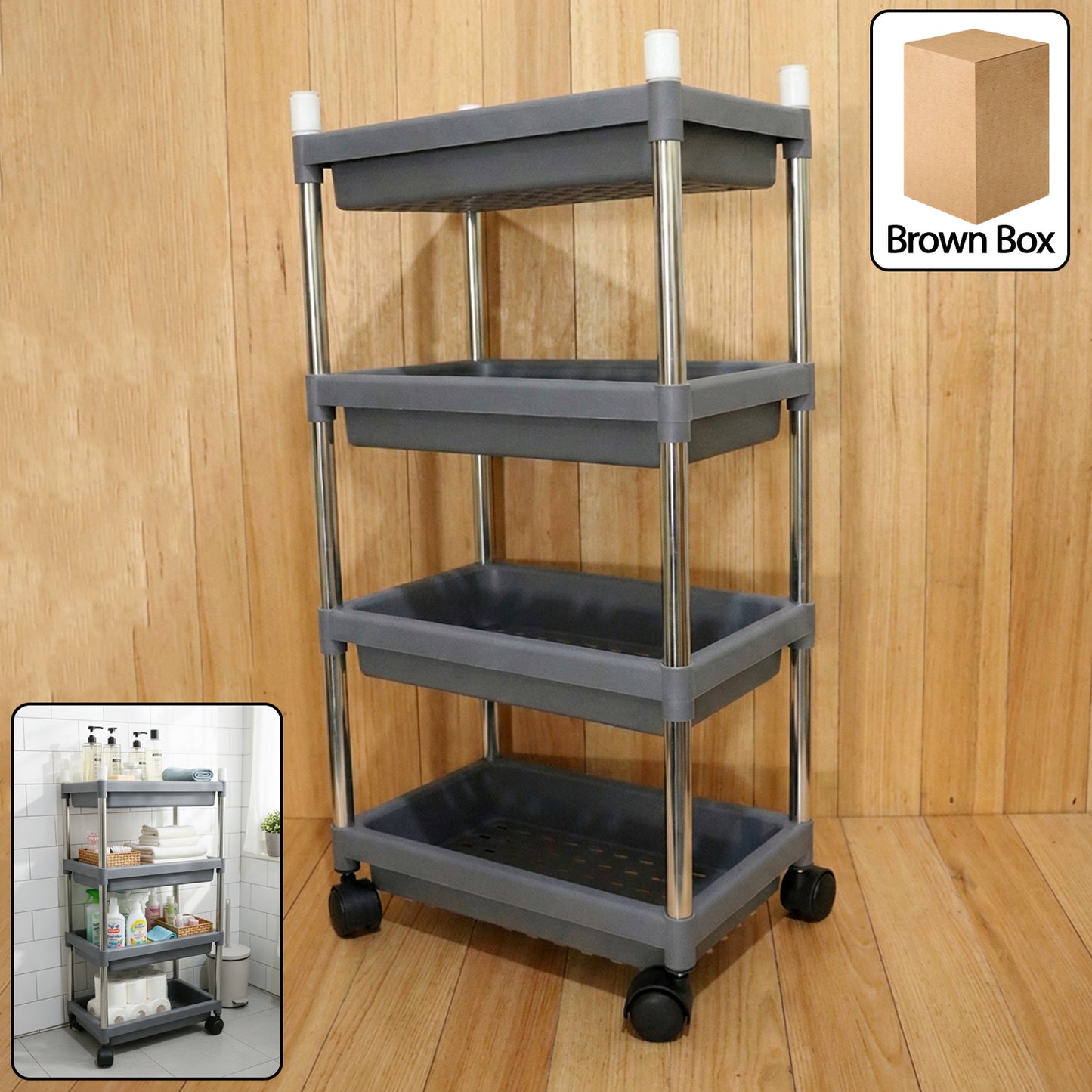 4-Tier Rolling Storage Cart with Wheels - Stainless Steel Frame Organizer - Happy Price - Image 6