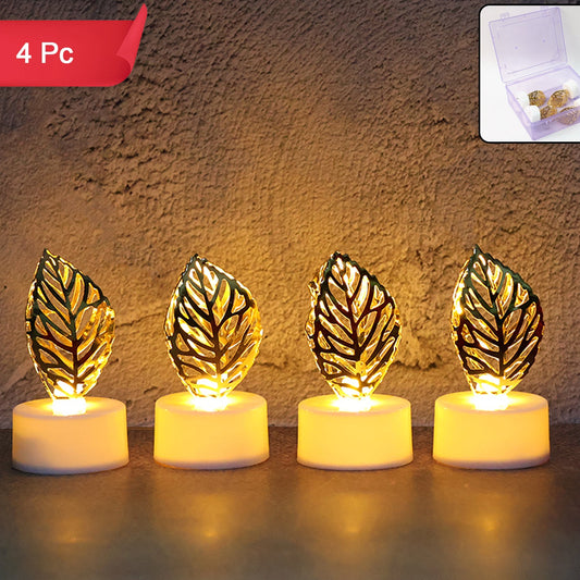 Set of 4 Golden Leaf Flameless LED Candles for Home Decor - Happy Price - Image 1