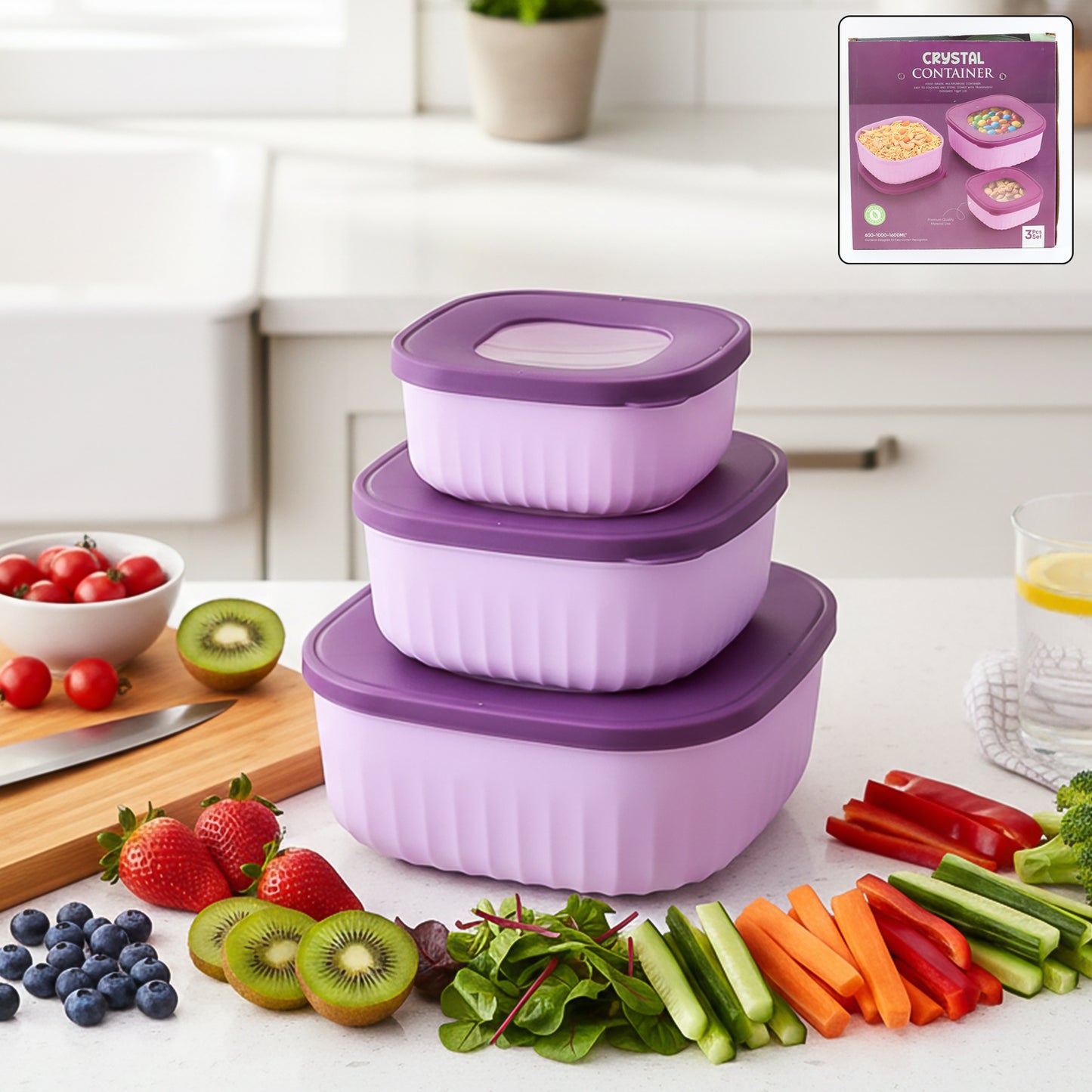 3 Piece Stackable Food Storage Container Set with Lids - Square Kitchen Organisers - Happy Price - Image 7