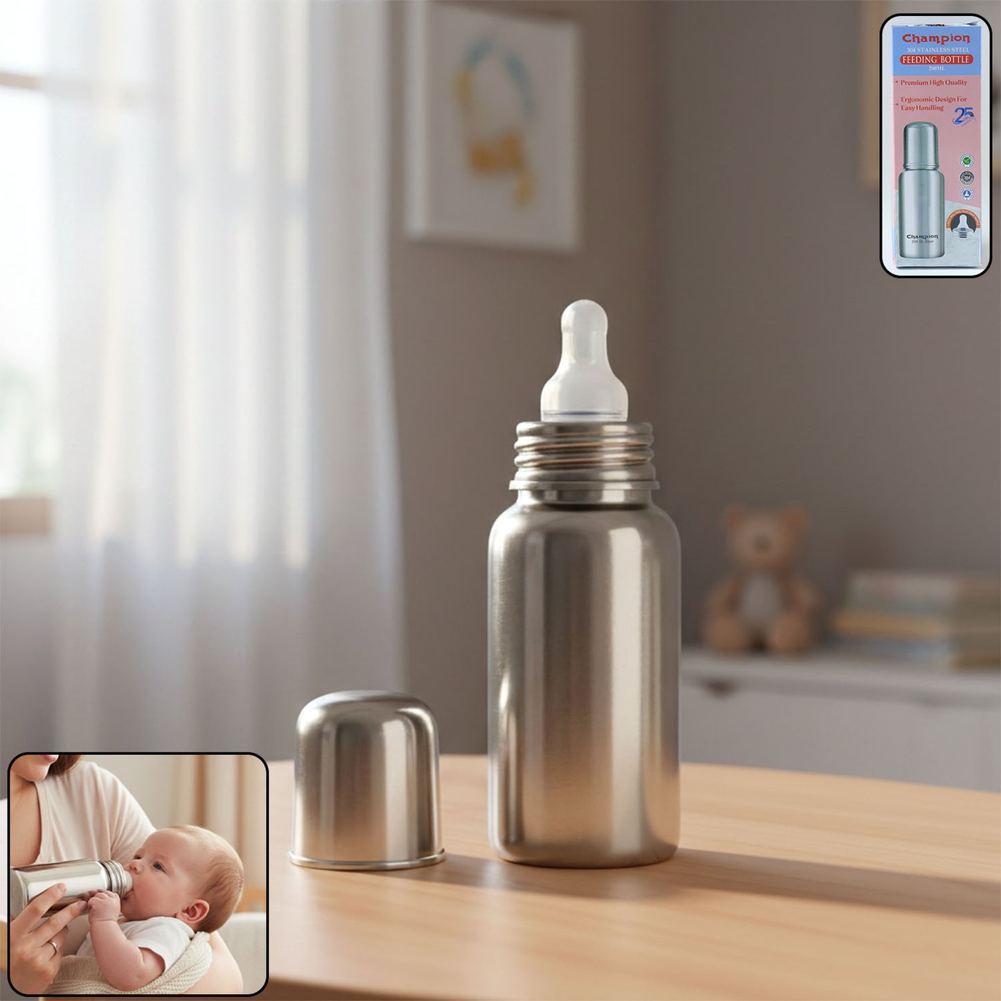 200ml Stainless Steel Baby Feeding Bottle with Silicone Nipple - 1 Pc - Happy Price - Image 2