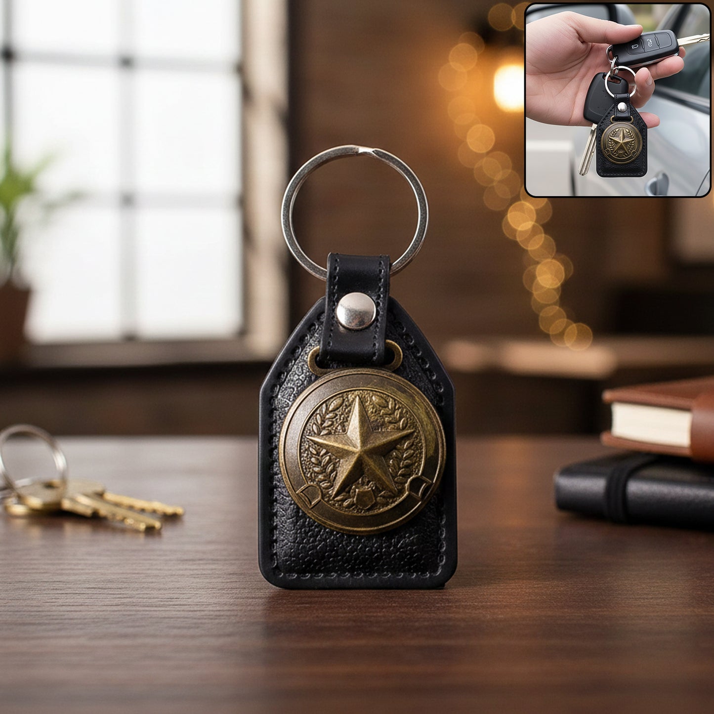 Metal Star Emblem Keychain with Leather Finish - 1 Pc - Happy Price - Image 2