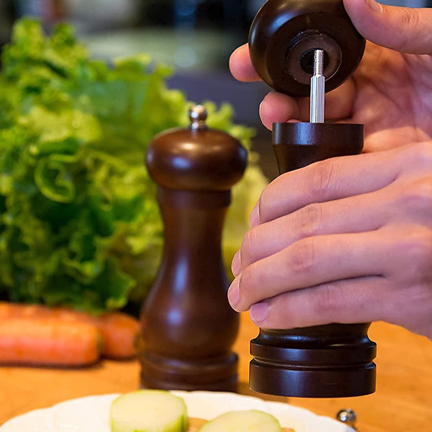 Wooden Pepper Mill Grinder, 8 Inch Tall - Adjustable Ceramic Grinder (1 Pc) - Happy Price - Image 5