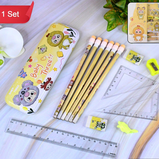 Complete Geometry Stationery Set with Cartoon Metal Box - 1 Set - Happy Price - Image 1