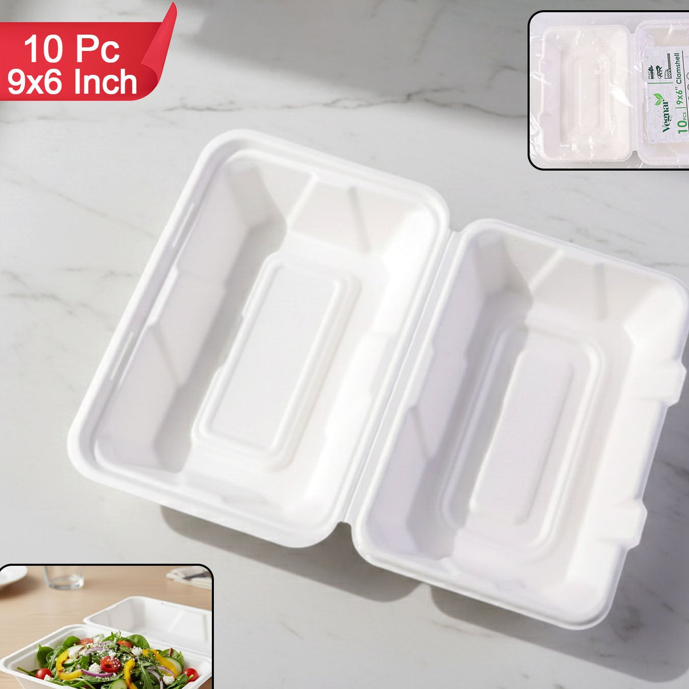 10 Pc Bagasse Clamshell Food Boxes - 9x6 Inch Eco-Friendly Takeaway Containers - Happy Price - Image 1