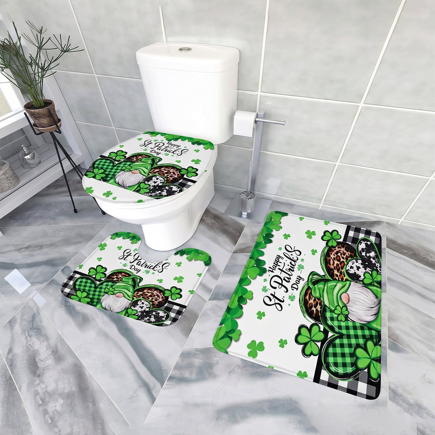3 Piece Bathroom Mat Set - Mix Design Bath Rug, U-Shape Mat & Toilet Lid Cover - Happy Price - Image 2