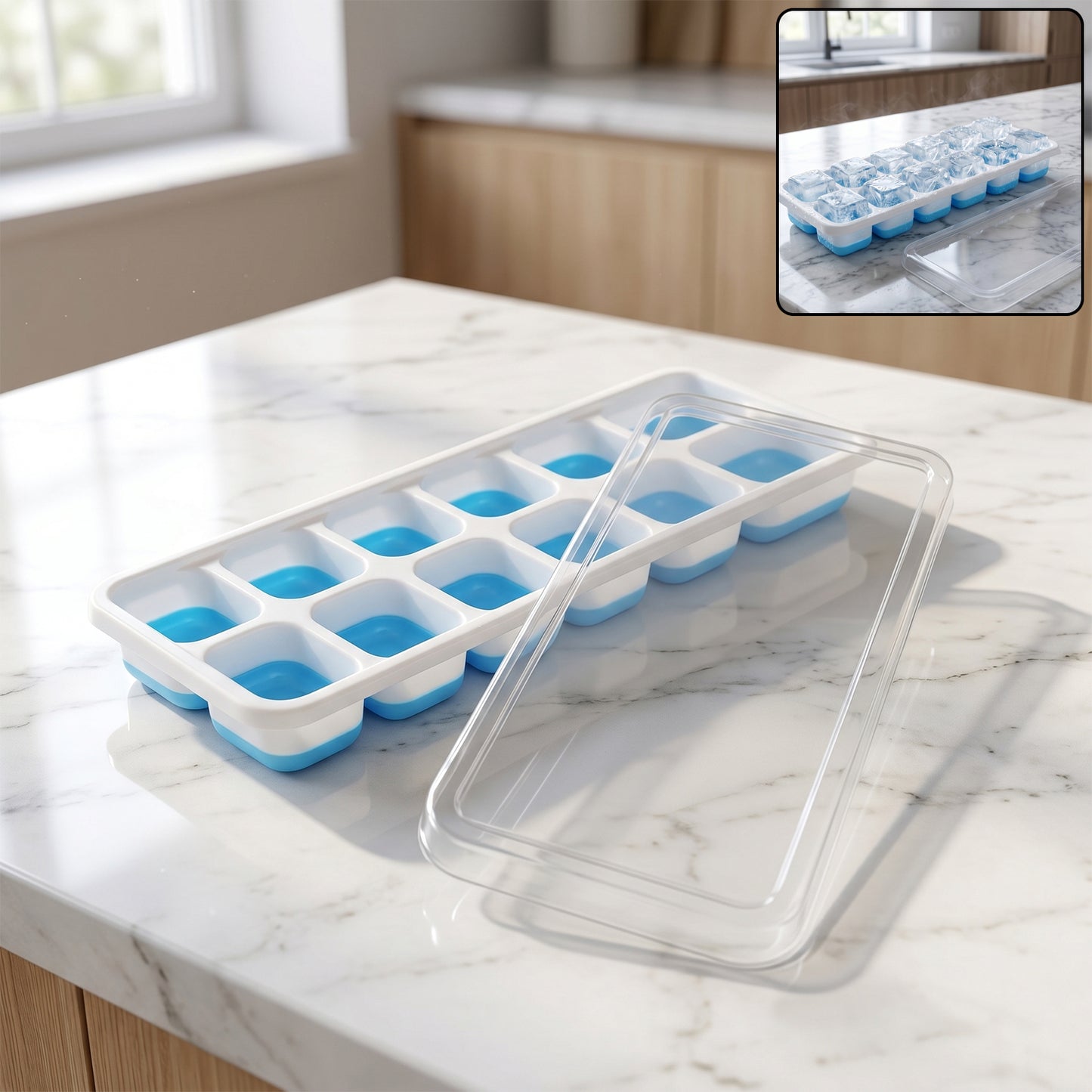Plastic Ice Cube Tray with Lid, 14 Grids, Blue - 1 Pc - Happy Price - Image 2